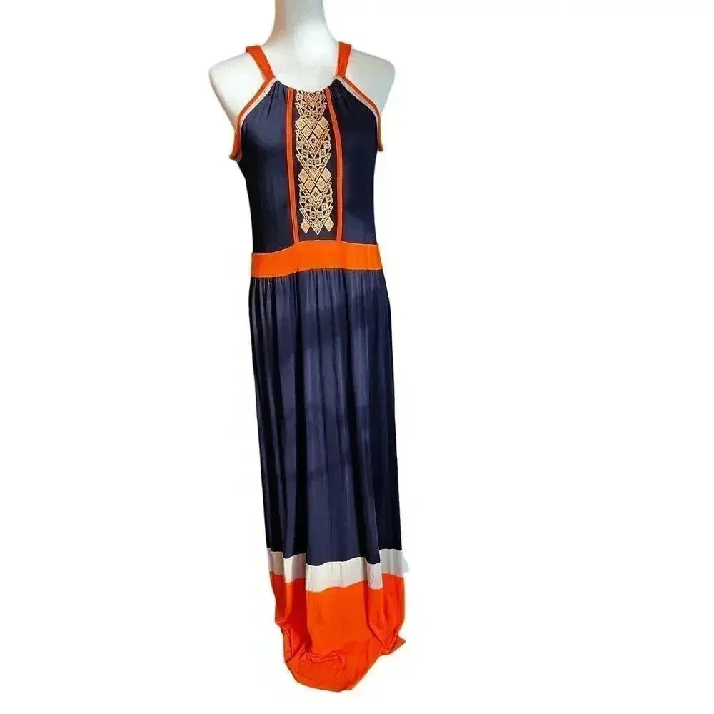 Spense Navy and Orange Maxi Dress with Embroidered Front Panel